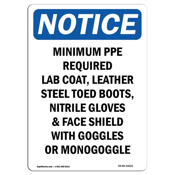 OSHA Sign, Minimum PPE Required Lab Coat, 5in X 3.5in Decal, 10PK, 3.5" W, 5" H, Portrait, PK10